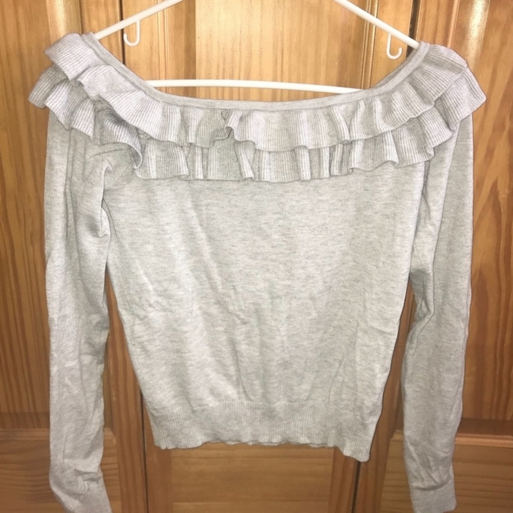 Light Gray Off The Shoulder Ruffle Sweater